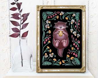 Otter Art Print - Watercolor Painting Print - River Otter Art - Otter Decor - Polish Folk Art