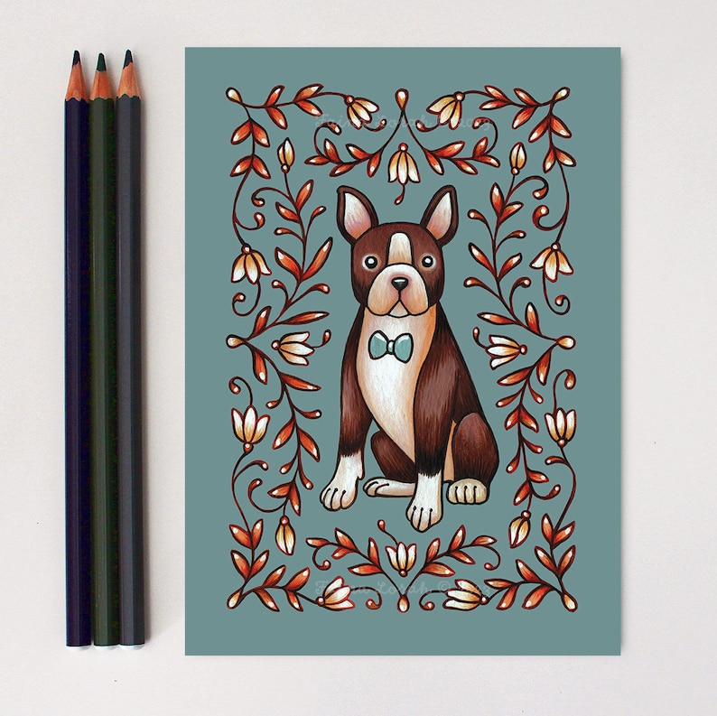 Boston Terrier Art Print 5x7 Watercolor Painting Print Boston Terrier Folk Art image 5