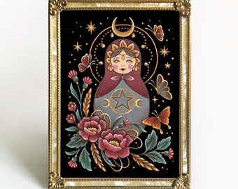 Matryoshka Folk Art Print - Original Watercolor Painting Giclée - Traditional Handmade Slavic Floral Wall Decor