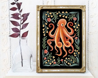 Octopus Art Print - Original Watercolor Painting Giclée - Handmade Traditional Folk Art