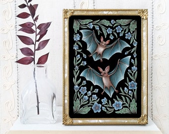 Vleermuis Art Print - originele aquarel Giclée-schilderij - grillige gotische volkskunst vleermuis decor