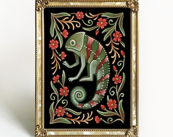 Chameleon Folk Art Print - Original Watercolor Painting Giclée - Traditional Handmade Slavic Floral Wall Decor