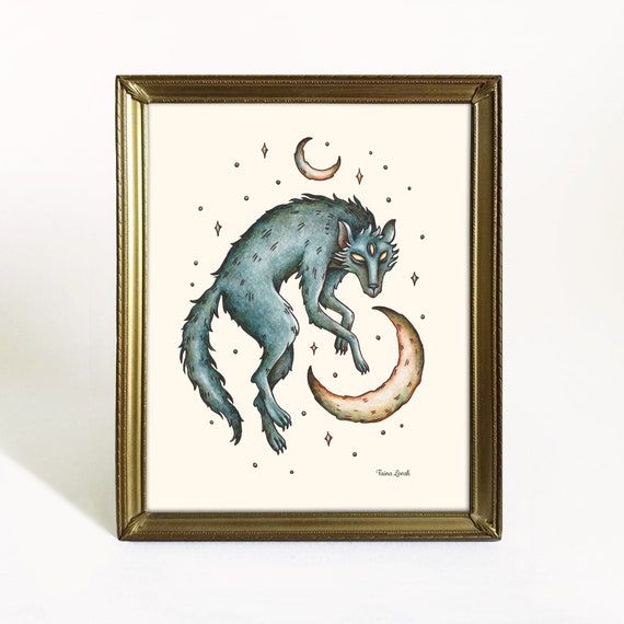 Witchy Wolf Art Wolf House Decor 8x10 Watercolor Painting Print Wolf Moon Art