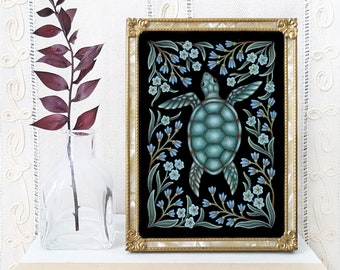 Sea Turtle Art Print - Original Watercolor Painting Giclée - Whimsical Gothic Folk Art Turtle Decor