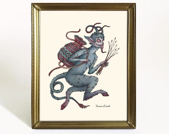 Krampus Art Print - 8x10 Watercolor Painting Print - Witchy Wolf Art - Wolf House Decor