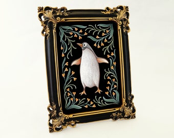 Playful Penguin Watercolor Painting - Framed and Gift Wrapped - Wild Whiskers Deck Included