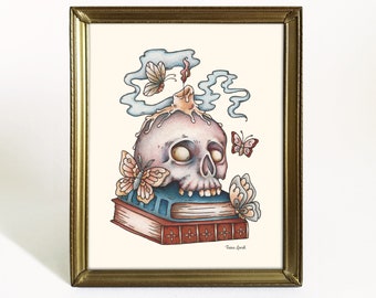 Spooky Books Art Print - 8x10 Watercolor Painting Print - Skull Art - Witchy Home Decor