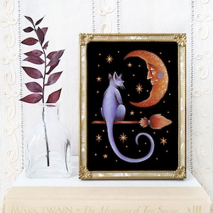 Crescent Moon Cat Art Print - Watercolor Painting Print - Witchy Cat Art - Cat and Moon Decor