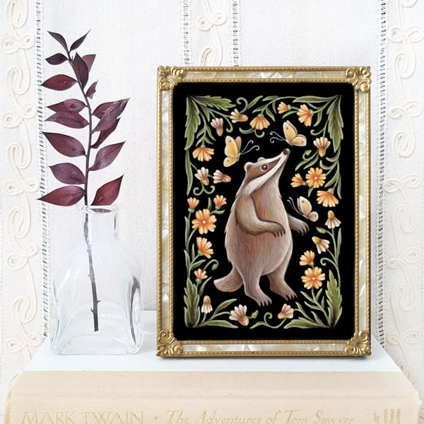 Badger Art Print - Watercolor Painting Print - Honey Badger - Badger Folk Art