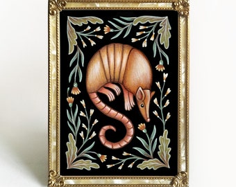 Gürteltier Folk Art Print - Original Aquarell Malerei Giclée - Traditionelle handgemachte slawische Blumenwanddekoration