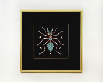 Dipinto ad acquerello con formica tagliafoglie, incorniciato e in confezione regalo, mazzo Insecta Obscura incluso