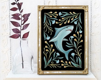 Shark Art Print - Original Watercolor Painting Giclée - Whimsical Gothic Folk Art Shark Decor
