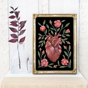 Anatomical Heart Art Print Watercolor Painting Print Anatomical Heart Gift Wild Roses image 1