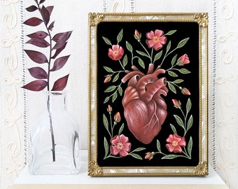 Anatomical Heart Art Print - Original Watercolor Painting Giclée - Handmade Traditional Folk Art