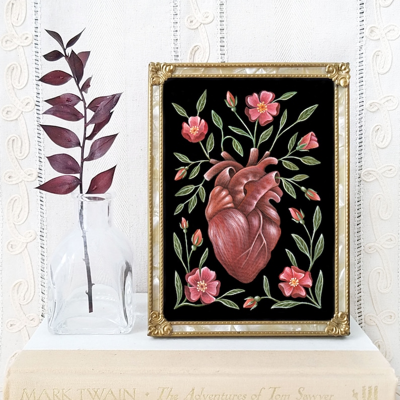 Anatomical Heart Art Print Watercolor Painting Print Anatomical Heart Gift Wild Roses image 1