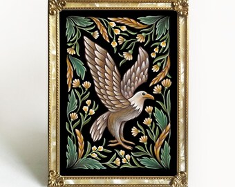 Eagle Folk Art Print - Original Watercolor Painting Giclée - Traditional Handmade Slavic Floral Wall Decor
