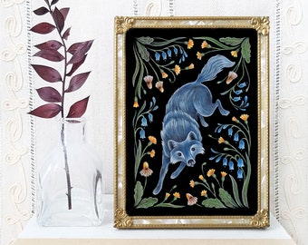 Charming Wolf Art Print - Original Watercolor Painting Giclée - Whimsical Gothic Folk Art Wolf Decor