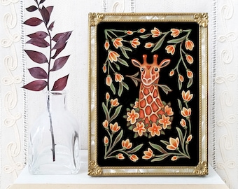 Giraffe Art Print - Original Watercolor Painting Giclée - Whimsical Gothic Folk Art Giraffe Decor