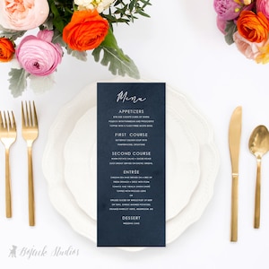 HUE NAVY Menu weselne w akwareli - Menu weselne drukowane na zamówienie | Menu weselne do wydrukowania | Menu kolacji w akwareli | Menu lunchowe