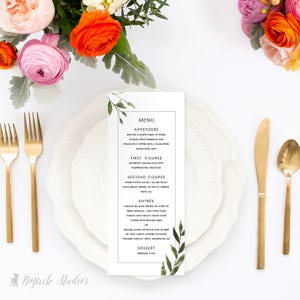 AVA Watercolor Botanical Wedding Menus - Menu weselne drukowane na zamówienie, menu weselne do wydrukowania, menu kolacyjne, menu lunchowe, menu z liśćmi
