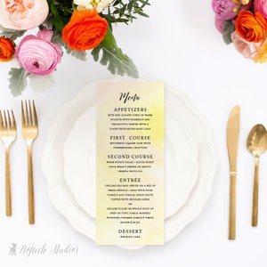 HUE SOL Menu weselne w akwareli - Menu weselne drukowane na zamówienie, menu weselne do wydrukowania, menu kolacji w akwareli, menu lunchowe