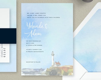 Watercolor Lighthouse Invitations, Seascape Suite, Modern Wedding Invitations, Printed Invitations, Custom Wedding Invites, Classic Bespoke