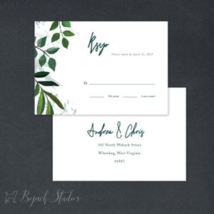 返信カード、デジタル RSVP カード、印刷された RSVP カード、返信カード、デジタル返信カード、植物の結婚式招待状、葉っぱの結婚式の挿入物、18030