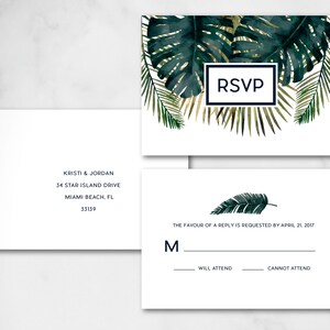 Carte-réponse Kristi, Carte RSVP numérique, Carte RSVP imprimée, Carte-réponse imprimée |Carte-réponse numérique, Faire-part de mariage tropical, Verdure