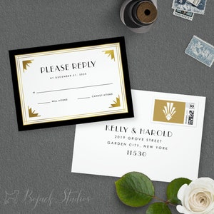 Art Deco Antwoordkaart, RSVP Kaart, Bedrukte RSVP Kaart, Gedrukte Antwoordkaart, Art deco RSVP Kaart, Gatsby rsvp Kaart, Art Deco Bruiloft, Kelly