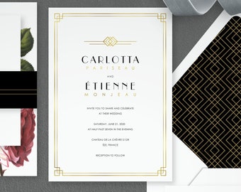Art Deco Wedding Invitations, Custom Art Deco Invitations, Art Deco Wedding, Fine Wedding Stationery, Printed Invitations, Carlotta