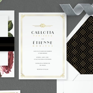 Art Deco Wedding Invitations, Custom Art Deco Invitations, Art Deco Wedding, Fine Wedding Stationery, Printed Invitations, Carlotta