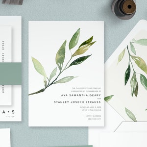 Botanical Wedding Invitations, Custom Wedding Leaves, Printable Wedding Invitation, Printed Wedding Invite, Modern Green, Green Leaf, H030