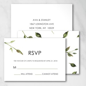 AVA 返信カード、デジタル RSVP カード、印刷された RSVP カード、印刷された返信カード | デジタル返信カード、植物をテーマにした結婚式招待状、緑