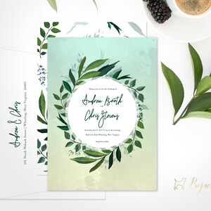 Botanical Wedding Invitations, Custom Wedding Leaves, Printable Wedding Invitation, Printed Wedding, Modern Greenery, Laurel Circle, 18030