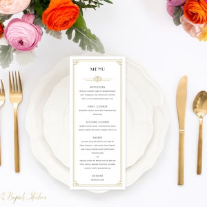 Karty menu weselnego w stylu art déco, drukowane menu weselne, spersonalizowane menu weselne, drukowane menu weselne, menu na wieczór panieński, Gatsby Carlotta