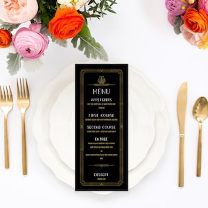 Tarjetas de menú de boda Art Deco, Menú de boda imprimible, Menú de boda personalizado, Menú de boda impreso, Menú de despedida de soltera, Gatsby 18023
