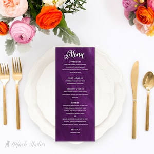 Menus de casamento em aquarela - Menu de casamento impresso personalizado, Menu de casamento para impressão, Menu de jantar em aquarela, Menu de almoço PINCEL ROXO