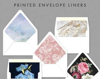 May include: Five white envelopes with different printed liners. The liners feature a watercolor sky, marble pattern, pink floral design, blue flowers on a dark background, and a bouquet of pink and red flowers on a black background.
