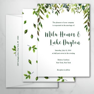 Mila Botanical Wedding Invitations, Custom Wedding Leaves, Printable Wedding Invitation, Printed Wedding Invite, Modern Greenery, Green