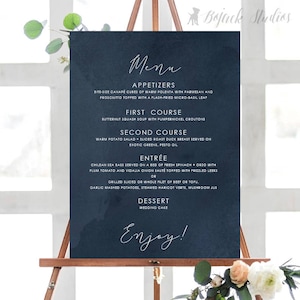 HUE NAVY Aquarell Hochzeit Buffet Menü Poster, Druckbares Menü Poster, Benutzerdefiniertes Hochzeitsmenü, gedruckte Menükarte, Aquarell Großes Menü