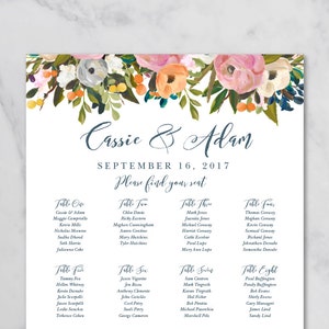 Cartel de la tabla de asientos de boda, Tabla de asientos imprimible, Tabla de asientos personalizada, Tabla de asientos impresa, Tabla de asientos florales, Cassie