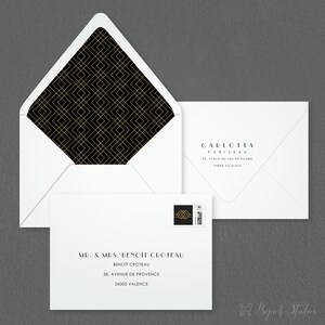 May include: A white envelope with a black and gold geometric pattern on the flap. The envelope is addressed to Mr. & Mrs. Benoit Croteau, 38 Avenue de Provence, 26000 Valence. The return address is Carlotta Pariseau, 33 Place du Jeu de Paume, Paris, France.