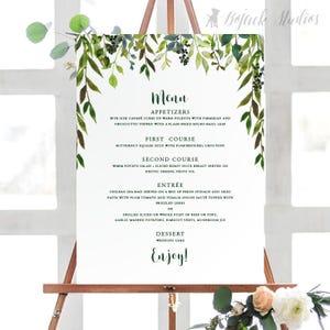 MILA Botanisches Hochzeitsbuffet Poster, Druckbares Menü Poster, personalisiertes Hochzeitsmenü, gedruckte Menükarte, Großes Menü Grün