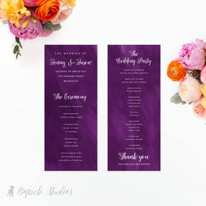 May include: Purple wedding ceremony program with white text. The program includes the wedding party, the ceremony, and a thank you message. The text includes the names Jenny and Jason.