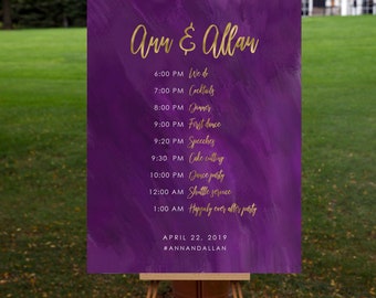 Wedding Schedule Poster, Wedding Order of Events Timeline Poster| Printable Wedding Poster, Printed Poster| Watercolor Poster PURPLE BRUSH