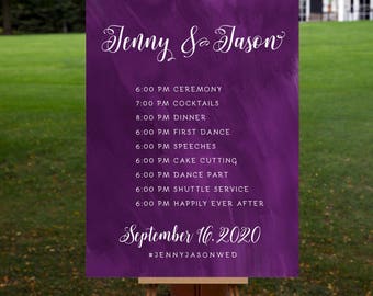 Wedding Schedule Poster, Wedding Order of Events Timeline Poster| Printable Wedding Poster, Printed Poster| Watercolor Poster PURPLE BRUSH