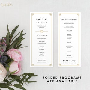 May include: A wedding program with a gold art deco design. The program lists the wedding ceremony and wedding party. The text reads "The Wedding of Carlotta & Etienne" and "The Wedding Party".