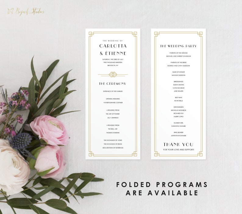 Printable Wedding Program Carlotta Wedding Ceremony Program Art Deco Wedding Program Printed Wedding Program Custom Wedding Program