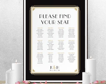 Art Deco Wedding Seating Chart Poster, Wedding Seating Chart Sign, Printable Wedding Poster, Printed Poster, Art Deco Wedding, Kelly