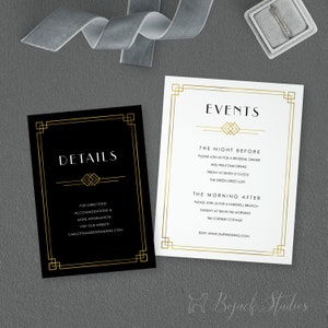 May include: Two black and white wedding invitation cards with gold accents. The card on the left has the word "Details" in white text and the card on the right has the word "Events" in black text. Both cards have a gold border and a gold design in the center.